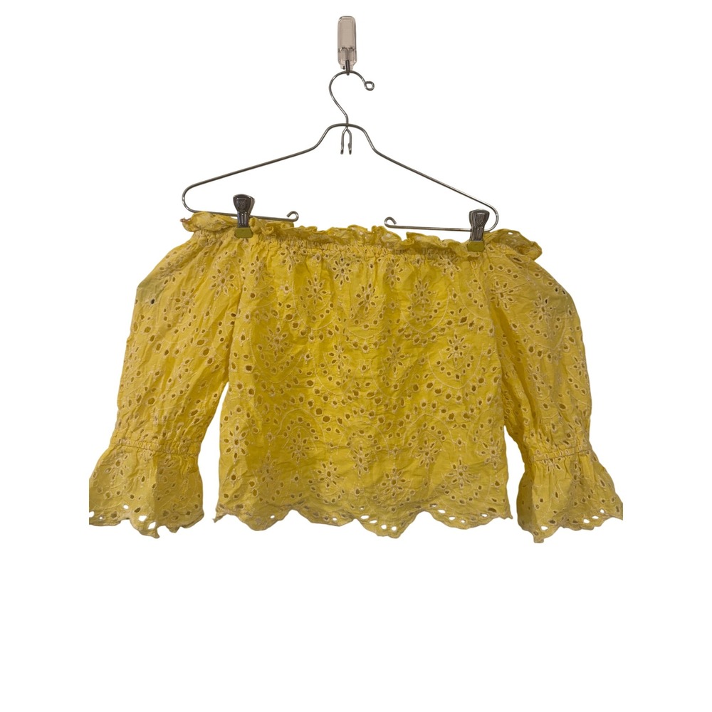 Flying Tomato Yellow Eyelet Off The Shoulder Crop Top Boho Ruffle Sleeve IT10576